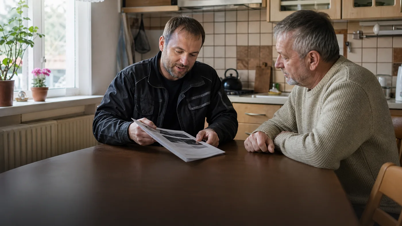 Kominík vysvětluje zákazníkovi výsledek kontroly komína