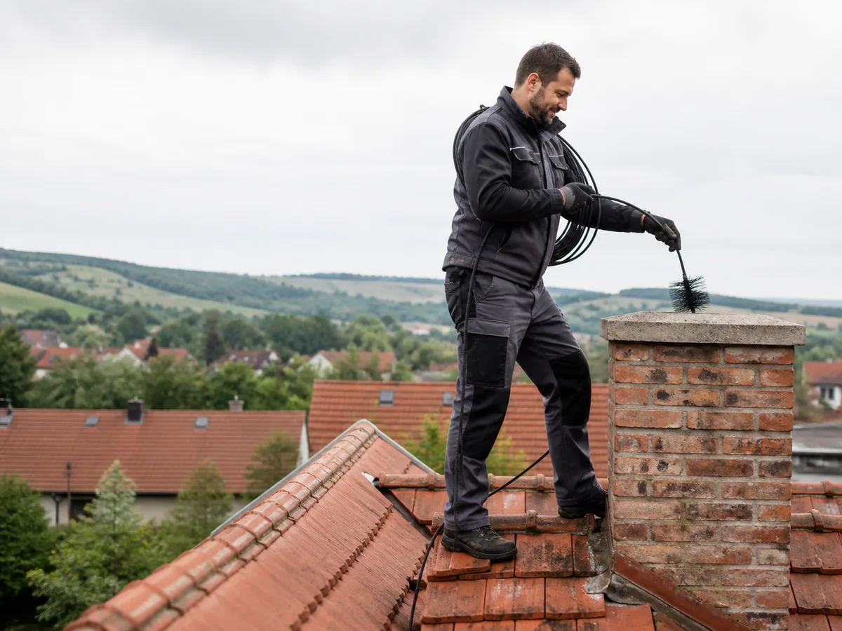 Kominík při čištění komína na střeše rodinného domu na jižní Moravě
